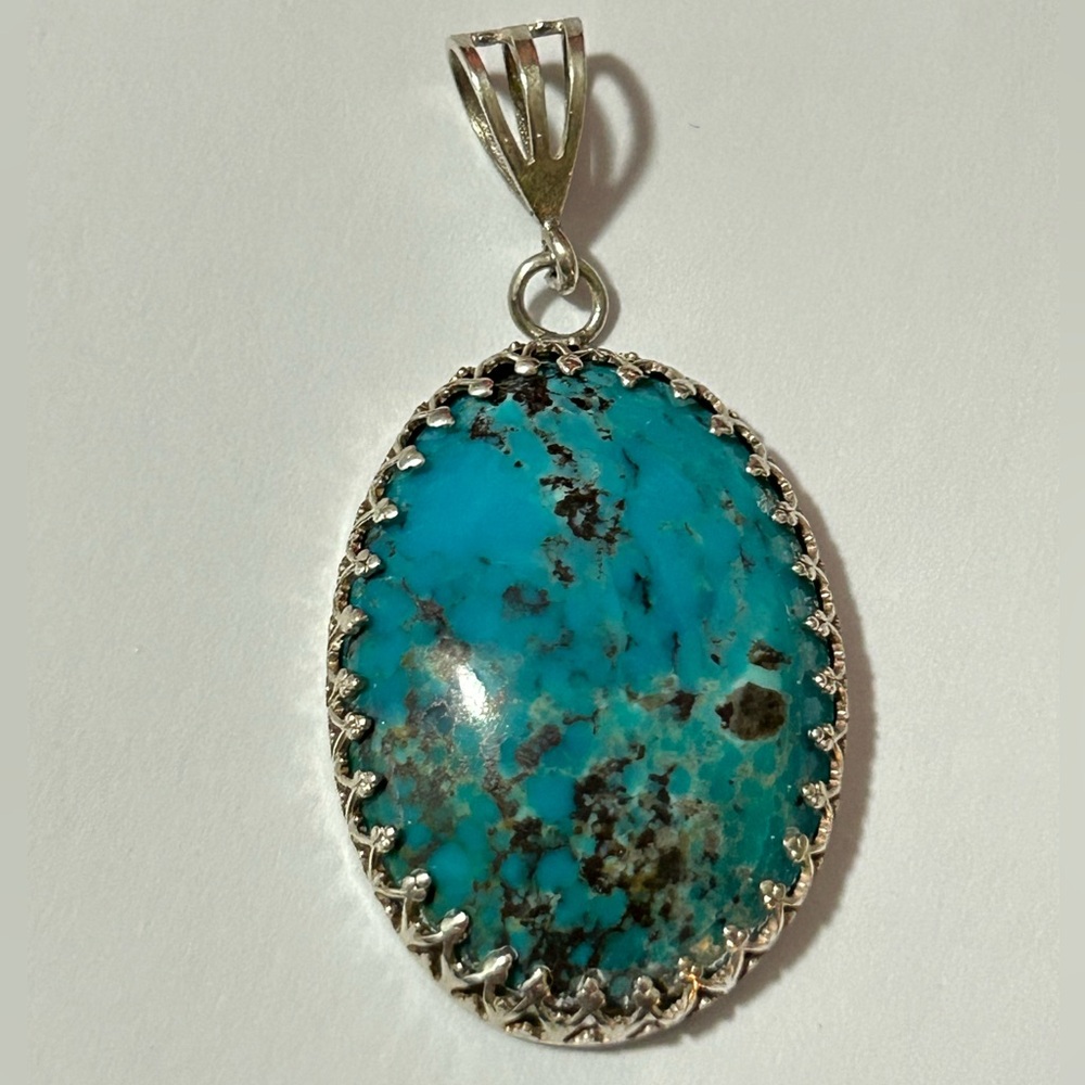 Victorian art deco oval turquoise sterling silver charm pendant southwest Native